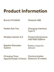 HYUNDAI SU6-Tws AI Bluetooth Earphones, Remote Camera Shutter, Video Control, HIFI Bass, Clear Voice Call, LED Battery Display, Sweat-Proof, Music, Sports, Gaming, Wireless Earbuds, Comfortable Wear, Long Battery Life - View 10