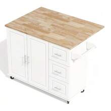 Large Mobile Kitchen Table 137 X 43 (76) X 92 Cm, Oak Countertop, Folding Design, Multifunctional Cabinet, 3 Drawers, Towel Rack, Suitable For Kitchen, Dining Room And Home. - White - View 7