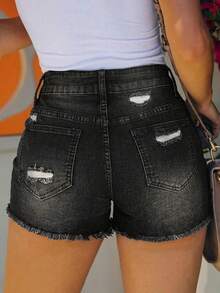 Summer Women Ripped Denim Shorts Sexy Casual Street Style Shorts Frayed Hem - Dark Grey - View 4