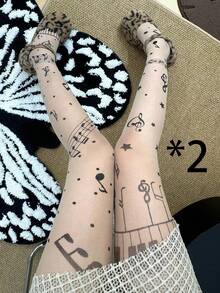 可爱音符钢琴印花薄丝袜，日系洛丽塔风格 - 彩色 - 查看 12