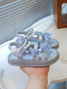 2026 New Summer Girls Pearl Soft Bottom Open Toe Sandals, Minimalist Princess Style Fashionable Versatile Girls Sandals - Silver - View 3