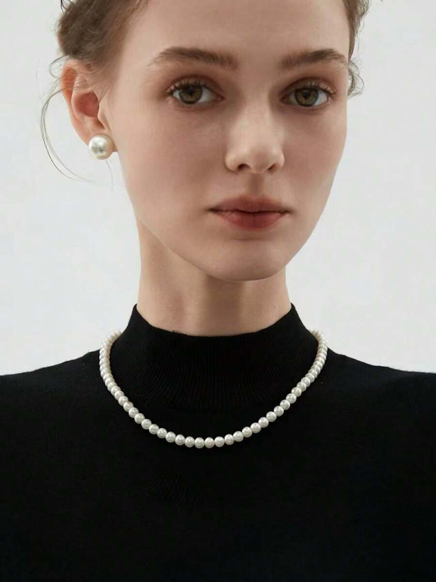 1件简约优雅时尚珍珠项链，法式奢华百搭颈链配饰，新品上市 - 白色珍珠 - 查看 1