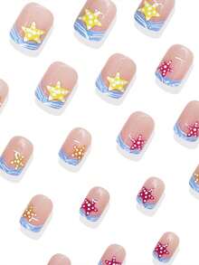 24pcs European Short Fake Nails, French Colorful Starfish & Blue Wave Pattern Wearable Nails, Full Coverage Removable Nails Suitable For Party, Ball And Daily Wear - Multicolor - View 2