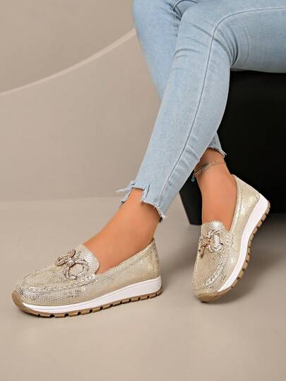 Metal Chain Decor Slip-On Shoes, Fashionable Women's Loafers, Retro British Style, Comfortable Casual/Work Wear