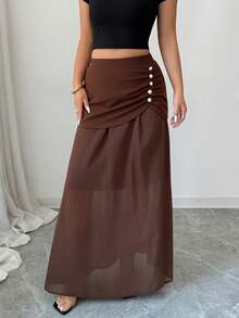 Jupe longue en mousseline de soie marron à plusieurs couches pour femmes, détail de bouton de perle, élégante et décontractée, fluide pour la plage, les vacances et les fêtes - Tabac - Voir 4