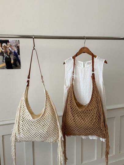 Tassel Decor, Hollow Mesh Woven, Large Capacity Tote Bag, Zipper Closure, Bohemian Style, Cotton Crochet Ladies Shoulder Bag, Suitable For Spring/Summer Beach, Commuting, Artistic Travel, Beach Vacation, Picnic