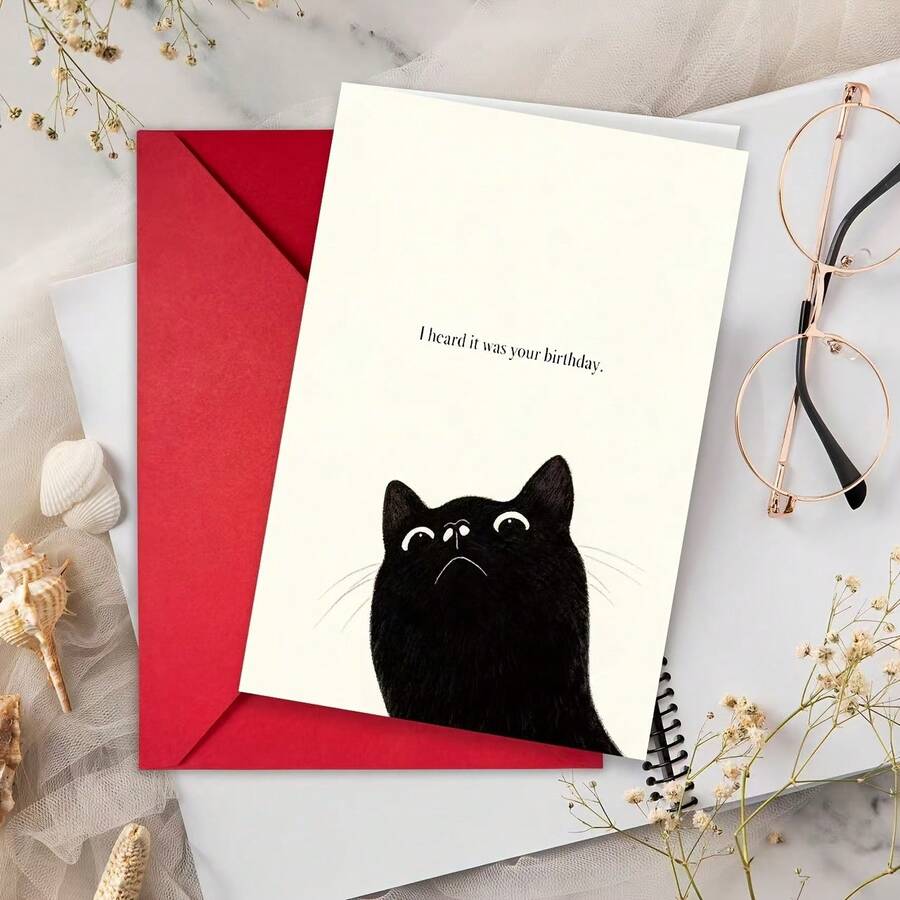 Set Of 1 Original Birthday Greeting Card Featuring A Black Cat And Fun Black Cat Designs. Envelopes Included. Suitable For Family, Friends, Sisters, Brothers, And Best Friends - Perfect For All Cat Lovers! - View 1