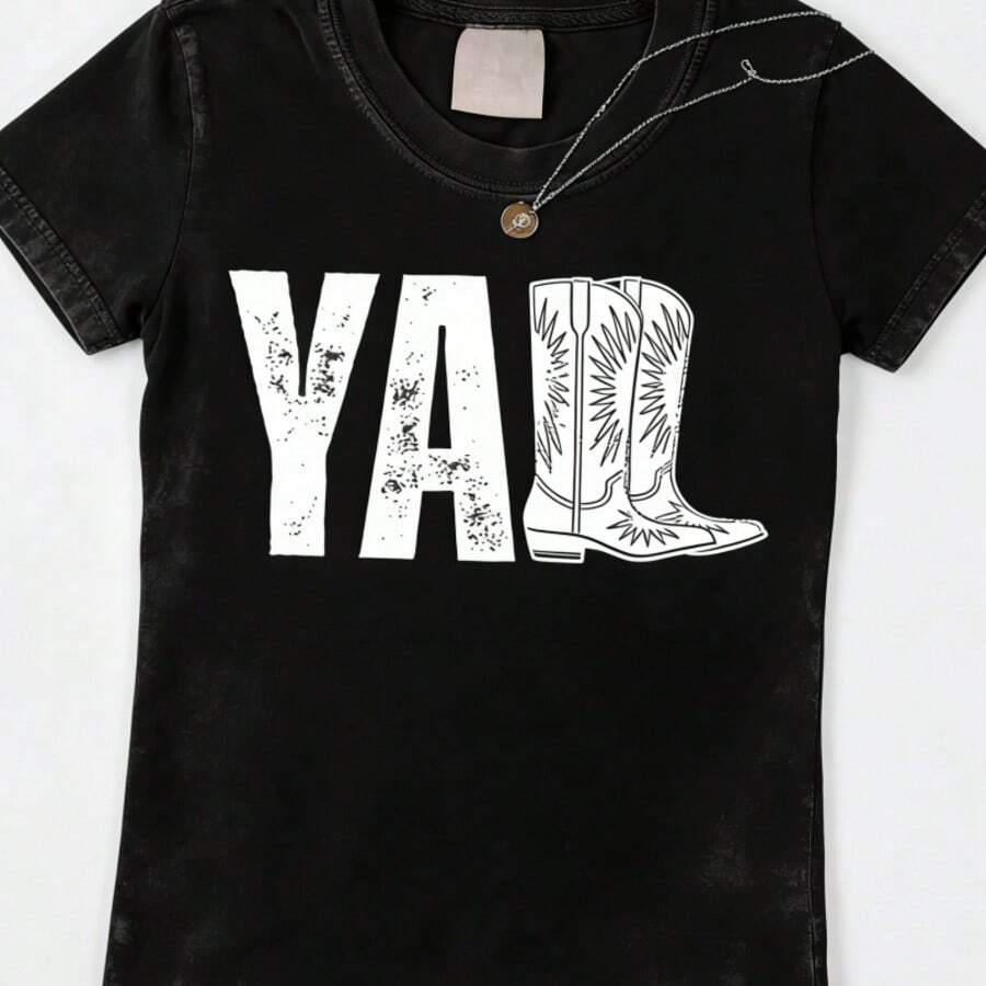 2026 Tops For Women, Washed Cotton Women's T-Shirt, Vintage Western Print Women's T-Shirt, Southern Country Cowgirl Shirt, Cowboy Boot Style, Cute Cowboy Rodeo Country Concert Outfit T-Shirt, Cute And Stylish T-Shirt, Universal Loose Bohemian Style T-Shirt, Local Warehouse, Elegant And Cute Women's Clothing, Loose And Comfortable Summer Tops - màu đen - Xem 1