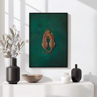 1Pc Cute Leopard Print In Emerald Green, Minimalist Jungle Animal Poster, Large Feline Wall Decoration, Suitable As A Housewarming Gift For The Lobby, Bathroom, Or Office, Frameless Modern Home Decor Painting