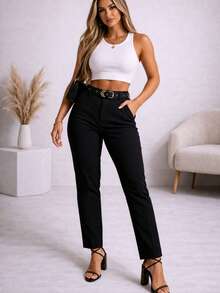 Women's Tailored Dress Pants With Elegant Belt And Buckle, Skinny Style, High Waist. - 黑色 - 查看 3