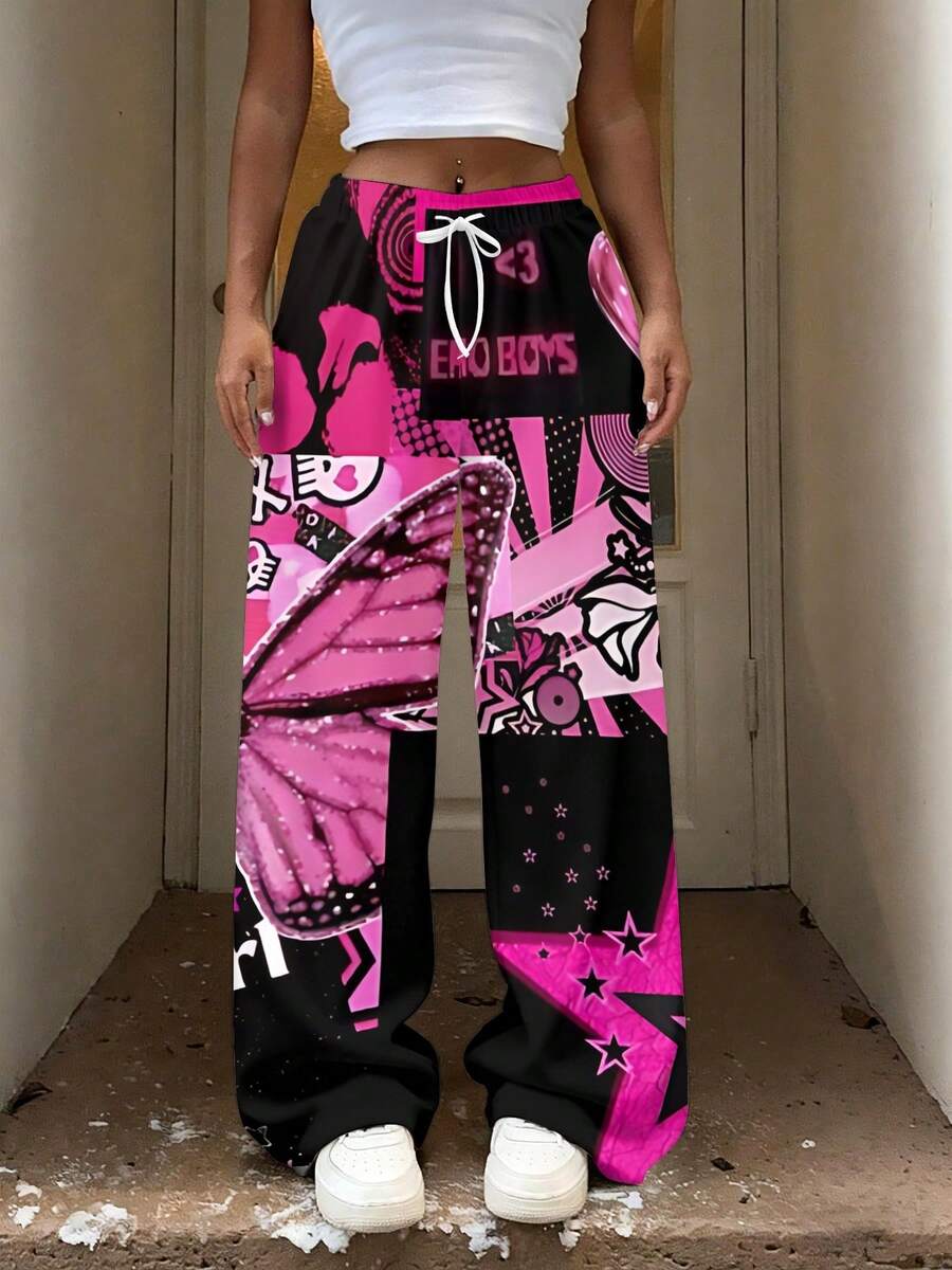 Women's Straight-Leg Pants + Black-Pink Butterfly Collage Print + Lightweight Slightly Stretchy Knit Fabric, Machine Washable And Quick-Drying Slim High-Waisted Cut + Pockets And Drawstring + Casual Vacation + Daily Wear Outfits - 彩色 - 查看 1