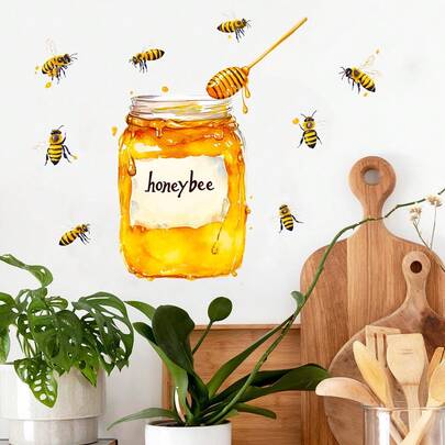 1pc Honey Pot & Bee Wall Sticker, Watercolor Style Bee Wall Decal, Removable Self-Adhesive Art Decoration, Suitable For Kitchen And Dining Room