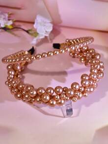 1pc Elegant Champagne Pearl Headband, Fashion Double-Row Princess Style Wide-Brim Headpiece, Suitable For Bride, Wedding, Engagement, Holiday Party, Daily Casual Wear - Champagne - View 4