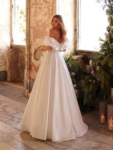 UNITHORSE White Off-Shoulder Ruched Waist Fitted A-Line Hem Wedding Dress, Bridal Gown, All White Party Dress (Women) Spring - White - View 1