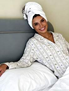 Nina Bonheur 两件套女士宽松舒适透气长袖上衣和长裤睡衣套装，可爱家居服 - 白色 - 查看 6