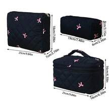 Bộ túi đựng mỹ phẩm chần bông màu đen kiểu Coquette, túi đựng mỹ phẩm thêu nơ hồng dễ thương, túi đựng đồ dùng vệ sinh cá nhân du lịch dung tích lớn, món quà lý tưởng cho các cô gái tuổi teen - Nhiều màu - Xem 9