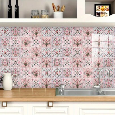 10pcs Removable Self-Adhesive Ceramic Tiles With Bohemian Style Pink Floral Pattern, Suitable For Kitchen, Bathroom And Bedside Cabinet Decoration, Decorative Stickers