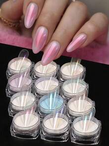 12 piezas de polvo de uñas con efecto de aurora de sirena, polvo de luz de luna, polvo de perla para decoración de arte de uñas DIY - Multicolor - Ver 2