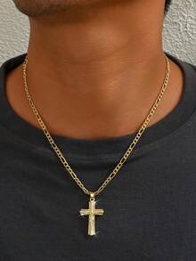 1pc Men's Figaro Chain + Micro-Inlaid Zirconia Jesus Cross Necklace, Classic Hip-Hop Versatile Accessory, Fashionable Men's Jewelry Suitable For Hip-Hop Outfits And Daily Wear - Yellow Gold - View 6