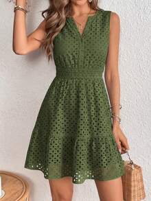 PRETTYGARDEN Women's Summer Dress Sleeveless V Neck Eyelet Cutout Swinging A-Line Flowy City Walks Wedding Guest Graduation Beach Vacation Sun Dress - 軍綠色 - 查看 5