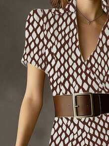 (No Belt Included) Vintage Floral Print Midi Dress, French Retro Long Skirt Design, Suitable For Commuting, Work, And Dating Elegant - Brown - View 5