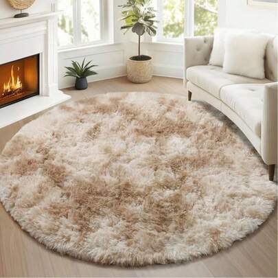 1 件圆形扎染卡其色地毯，北欧ins风高克重客厅卧室地毯，春夏款，返校季，父亲节，母亲节，家居地板装饰，高密度长绒，日式榻榻米