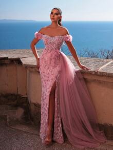 Faeriesty 华丽露肩串珠仿珍珠晚礼服，侧边垂褶设计，高开衩，优雅精致，女士礼服 | 适合晚宴、婚礼宾客、红毯、正式派对、春假晚会等场合 - 藕粉色 - 查看 6