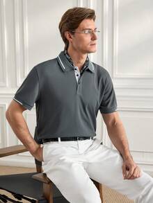 Officeau Men's Striped Short Sleeve Casual Commuting Polo Shirt - Grey - View 1