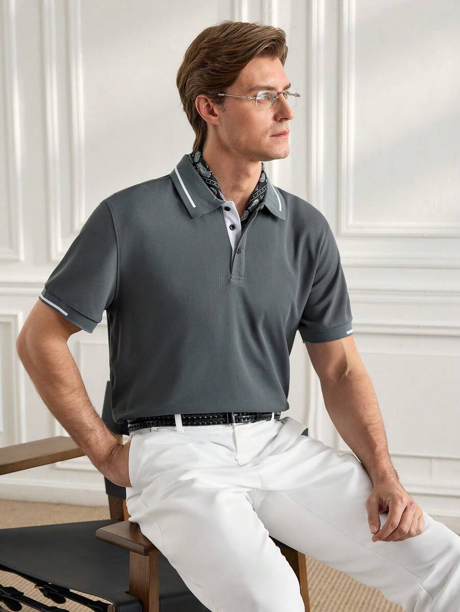 Officeau Men's Striped Short Sleeve Casual Commuting Polo Shirt - Grey - View 1