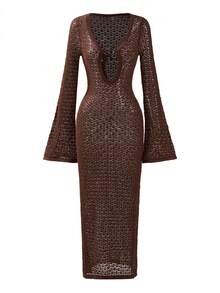 Amore Women's Summer Hollow Crochet Long Sleeve Brown Dress, Features U-Neck And Circular Cutout Design On Chest, Open Back With Side Slit, Suitable For Beach Vacation, Pool, Island Travel, Summer Outing, Date, Birthday Party, Bikini Style, Elegant Party Dress - Coffee Brown - View 8