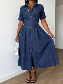 Casual V-Neck Denim Shirt Dress For Women Pocket Detail Flared Hem Summer Dress - Rửa tối - Xem 1