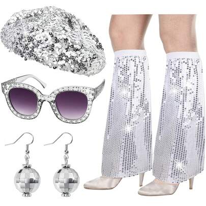 70'ler Tarzı Kadın Kostümü, Disko Gözlükleri, Disko Topu Küpeler, Parıltılı Payetler, Bere, Şapka, Bacak Isıtıcıları, 70'ler Tarzı Kadın Kostümü, 70'ler Kadın Aksesuarları, 80'ler Kadın Kostüm Aksesuarları