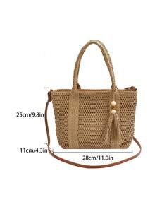 1pc Large Capacity Beach Vacation Style Woven Tote Bag, Casual Fashion Shoulder Bag, Solid Color Minimalist Design - Khaki - View 3