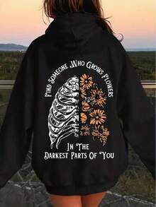 1 PCS Women's Y2K Gothic Floral & Skeleton Back Print Hoodie With "Find Someone Who Grows Flowers In The Darkest Parts Of You" Quote - Soft Loose-Fit Pullover Sweatshirt, Kangaroo Pocket & Drawstring Hood For Dark Academia, Casual Wear & Travel 2026 Comfortable Fit For Casual Outdoor Wear, Suitable For Casual Attire And Outfits - Black - View 1