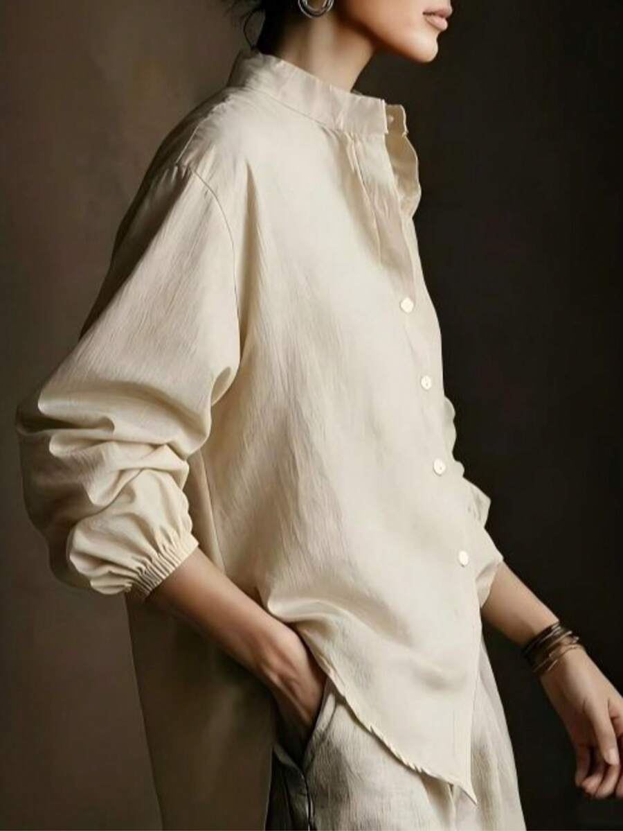 女士长袖立领纽扣衬衫,宽松梭织面料,适合日常穿着,春季款 - 杏色 - 查看 1