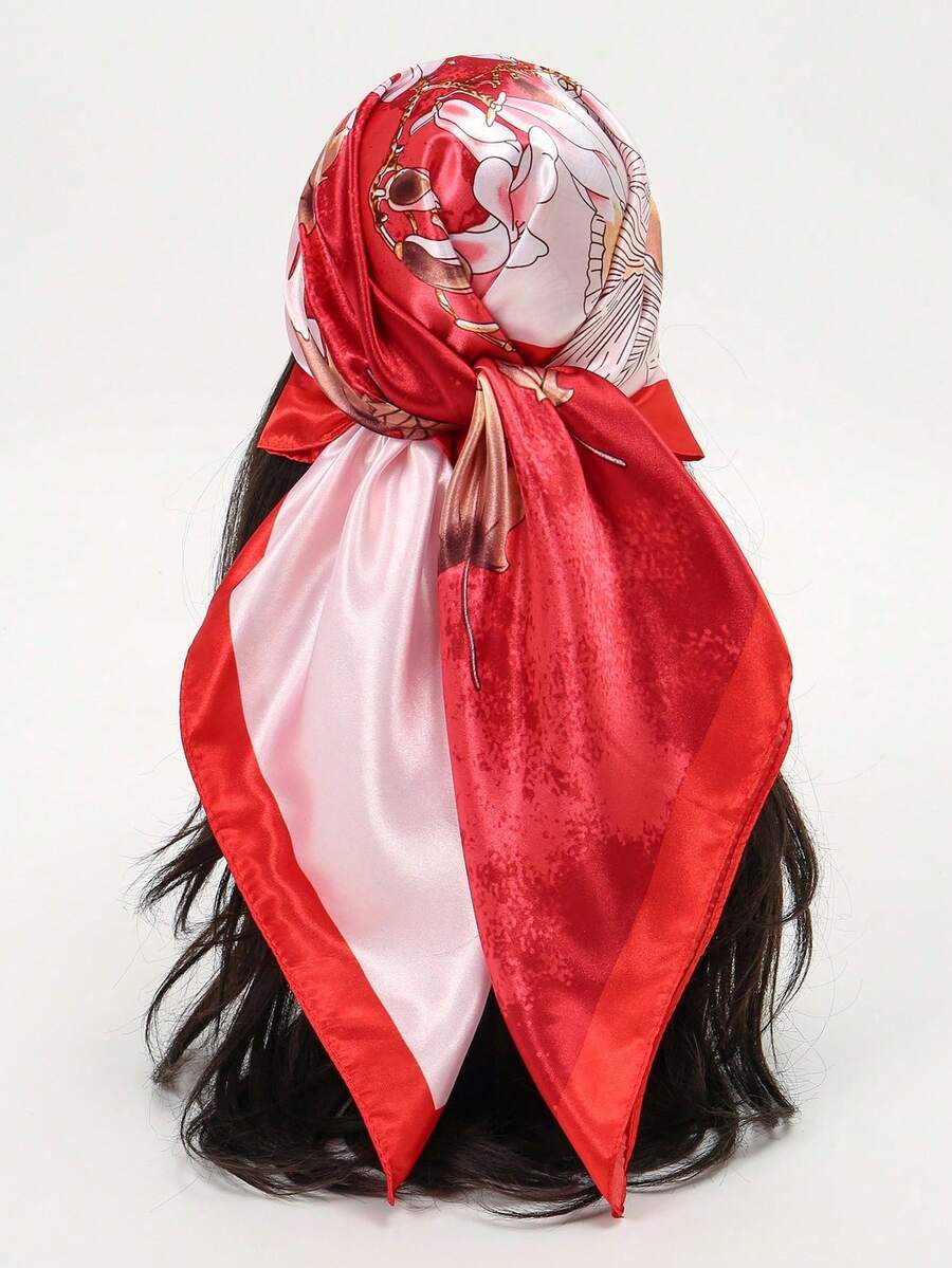 1 chiếc khăn bandana thời trang nữ, khăn quàng cổ bằng satin in họa tiết hoa và hình học, có dây xích, chống nắng. - Nhiều màu - Xem 1