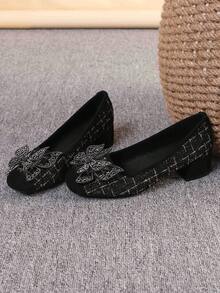 Sapatos femininos de bico quadrado e salto grosso, modelos versáteis com laço, mocassins estilosos, salto alto preto, tamanhos 35 a 43 (calça um número maior). - Ouro negro (laço de strass) - Ver 4