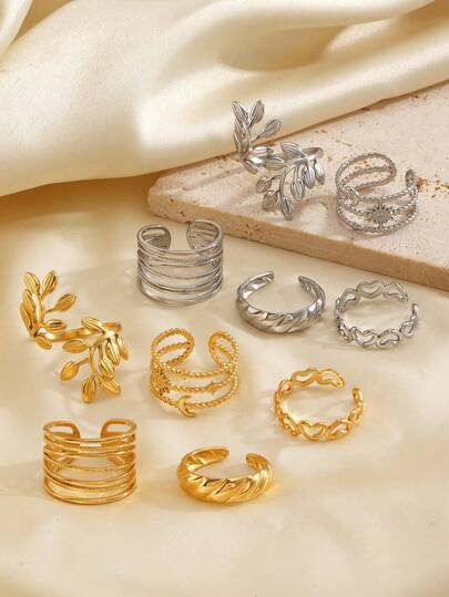Juego de anillos abiertos ajustables de acero inoxidable con elementos de hoja, geométricos, estrella, luna y corazón, accesorios versátiles para uso diario y de fiesta para mujeres