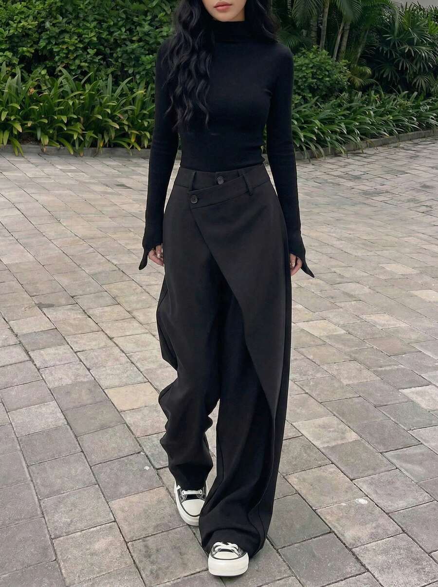 Rikumo 女士不对称垂褶长裤，街头时尚黑色春季款 - 黑色 - 查看 1