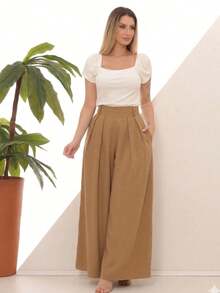 Women's Wide Leg High Waist Wide Leg Pants - 卡其色 - 查看 10