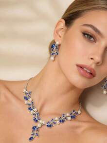 3件套女士合金珍珠水钻简约项链耳环套装，适合婚礼和派对佩戴 - 銀藍 - 查看 9
