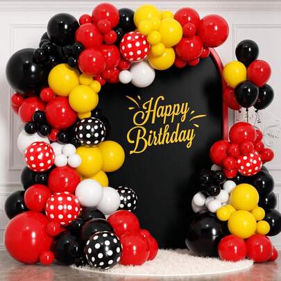 126 piezas Conjunto de arco de globos con tema de ratón de dibujos animados, que incluye globos de látex rojos, amarillos, negros y con lunares, adecuado para fiesta de cumpleaños, baby shower, celebración del 1er cumpleaños y decoración de fiesta con tema de ratón