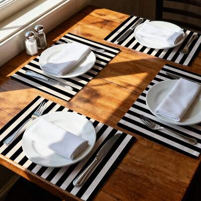 1 件黑白竖条纹餐垫，充满活力的现代创意餐垫，亚麻质感，易于清洁，适用于厨房、餐厅装饰、节日派对餐桌装饰、家居装饰