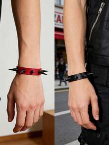 Bộ 1/2 vòng tay giả da phong cách Punk đính đinh tán, bản rộng, kiểu Gothic, có khuy bấm, thích hợp cho nam nữ, phong cách Rock, có thể điều chỉnh kích thước, dùng trong dịp Halloween và cosplay. - Nhiều màu - Xem 4