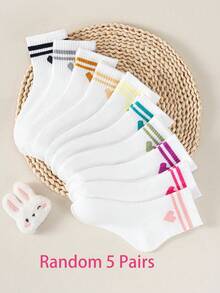 1/5/10 Đôi tất trẻ em họa tiết sọc đôi hình trái tim, chất liệu jacquard, mềm mại và thoáng khí, phù hợp cho mọi mùa, tất đi học unisex cho bé trai và bé gái, trang phục ngày Valentine. - Nhiều màu - Xem 15