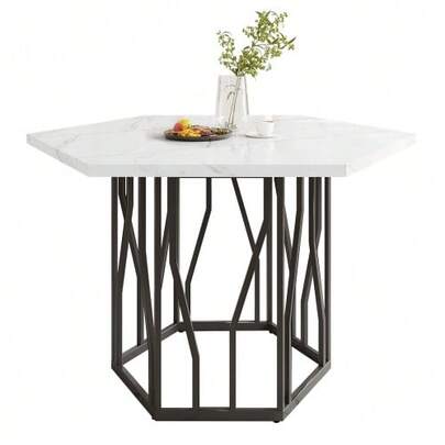 Modern Hexagonal  Dining Table, Black Metal Branch-Shaped Base, Simple Aesthetic Coffee Table, Suitable For Dining Rooms And Living Rooms.