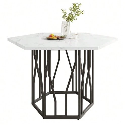 Modern Hexagonal  Dining Table, Black Metal Branch-Shaped Base, Simple Aesthetic Coffee Table, Suitable For Dining Rooms And Living Rooms. - Black and White - View 1