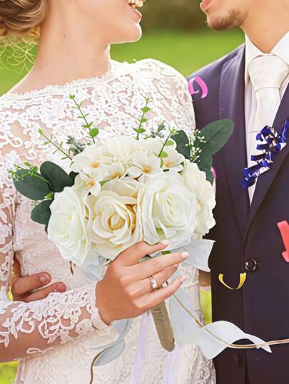 11.8In Bó hoa cưới cho cô dâu và phù dâu, Phụ kiện hoa cưới, Hoa hồng sâm panh trắng nhân tạo, Bó hoa ném cho tiệc cưới và trang trí nhà thờ