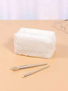 1 pieza Bolsa de cosméticos de peluche linda, organizador de viaje suave y esponjoso, moda minimalista portátil, diseño de gran capacidad, regalo ideal para mujeres, también adecuado para decoración del hogar, almacenamiento de maquillaje, tocador - Multicolor - Ver 12