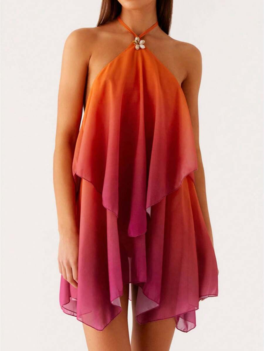 Women Mini Dress Gradient Tie-Up Halter Neck Ruffles Sleeveless Dress Summer Fashion Casual Dress - 橘色 - 查看 1